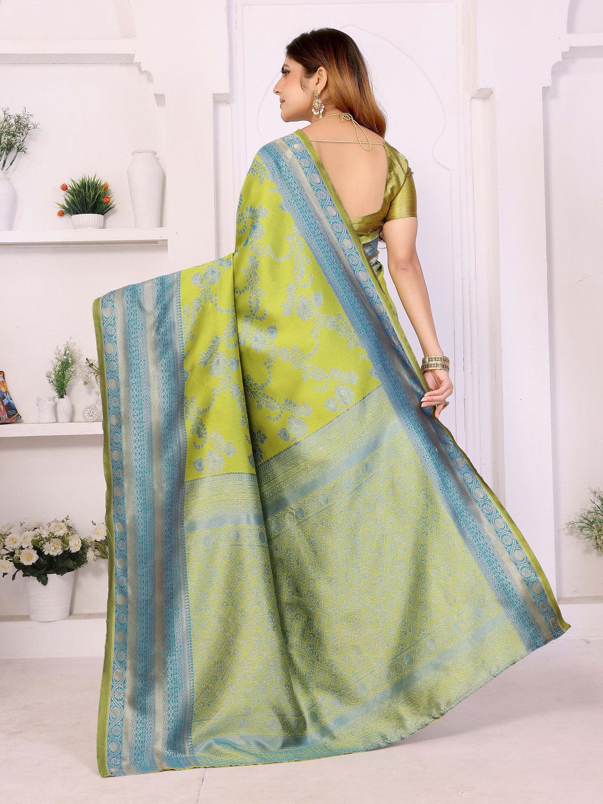 Lime Green & Sky Blue Banarasi Silk Weaving Saree with Rich Traditional Zari Border - Filiate