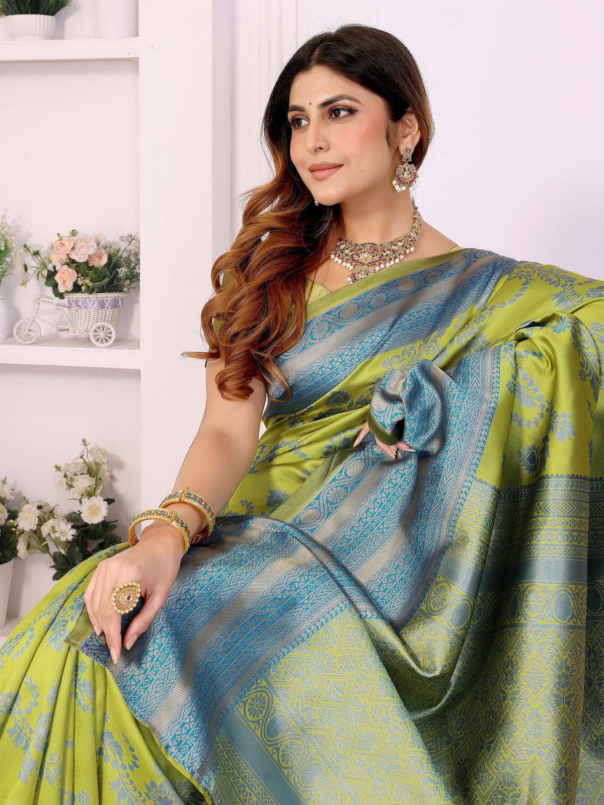 Lime Green & Sky Blue Banarasi Silk Weaving Saree with Rich Traditional Zari Border - Filiate