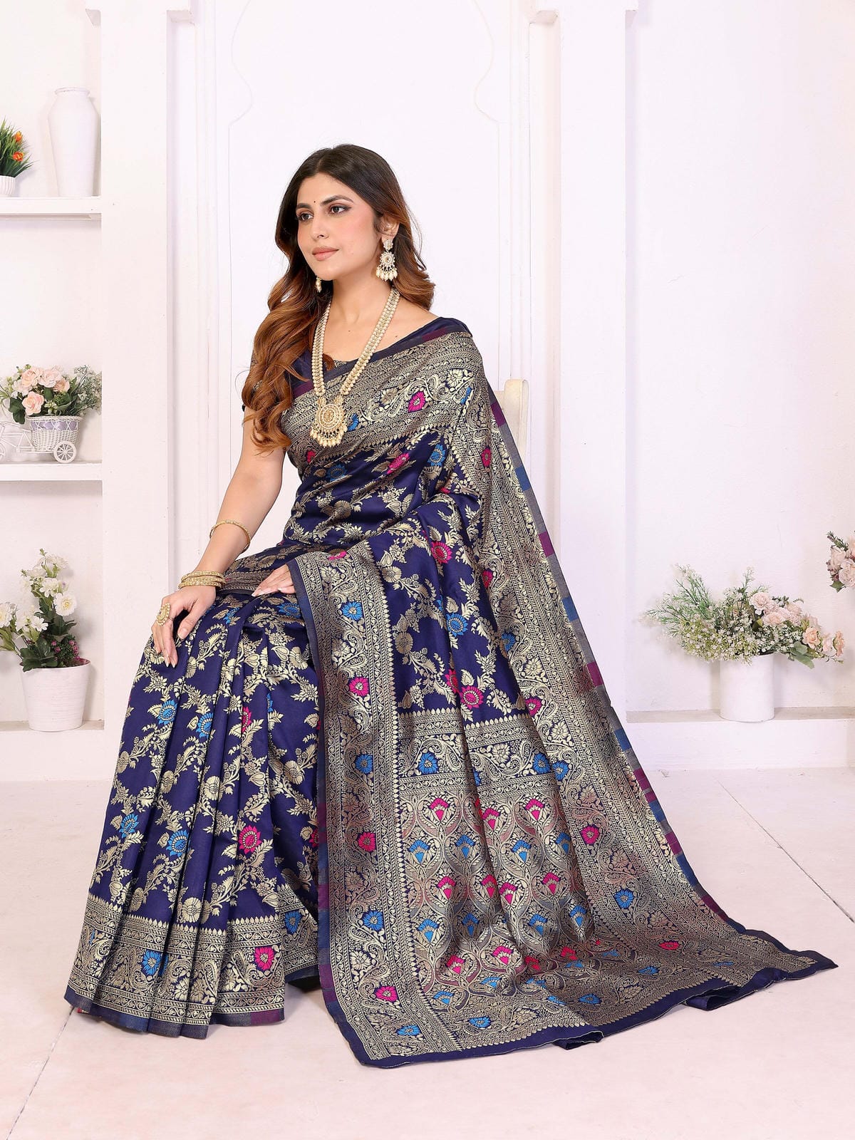 Navy Blue Banarasi Silk Saree with Gold Zari Weaving & Multicolor Floral Motifs - Filiate
