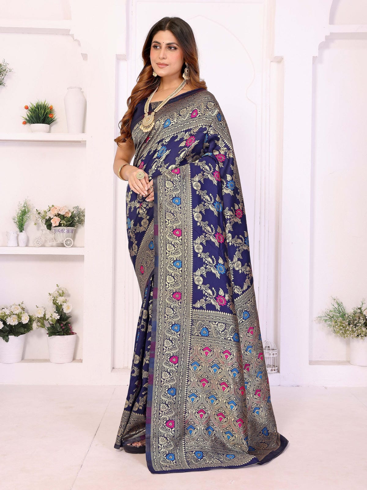 Navy Blue Banarasi Silk Saree with Gold Zari Weaving & Multicolor Floral Motifs - Filiate