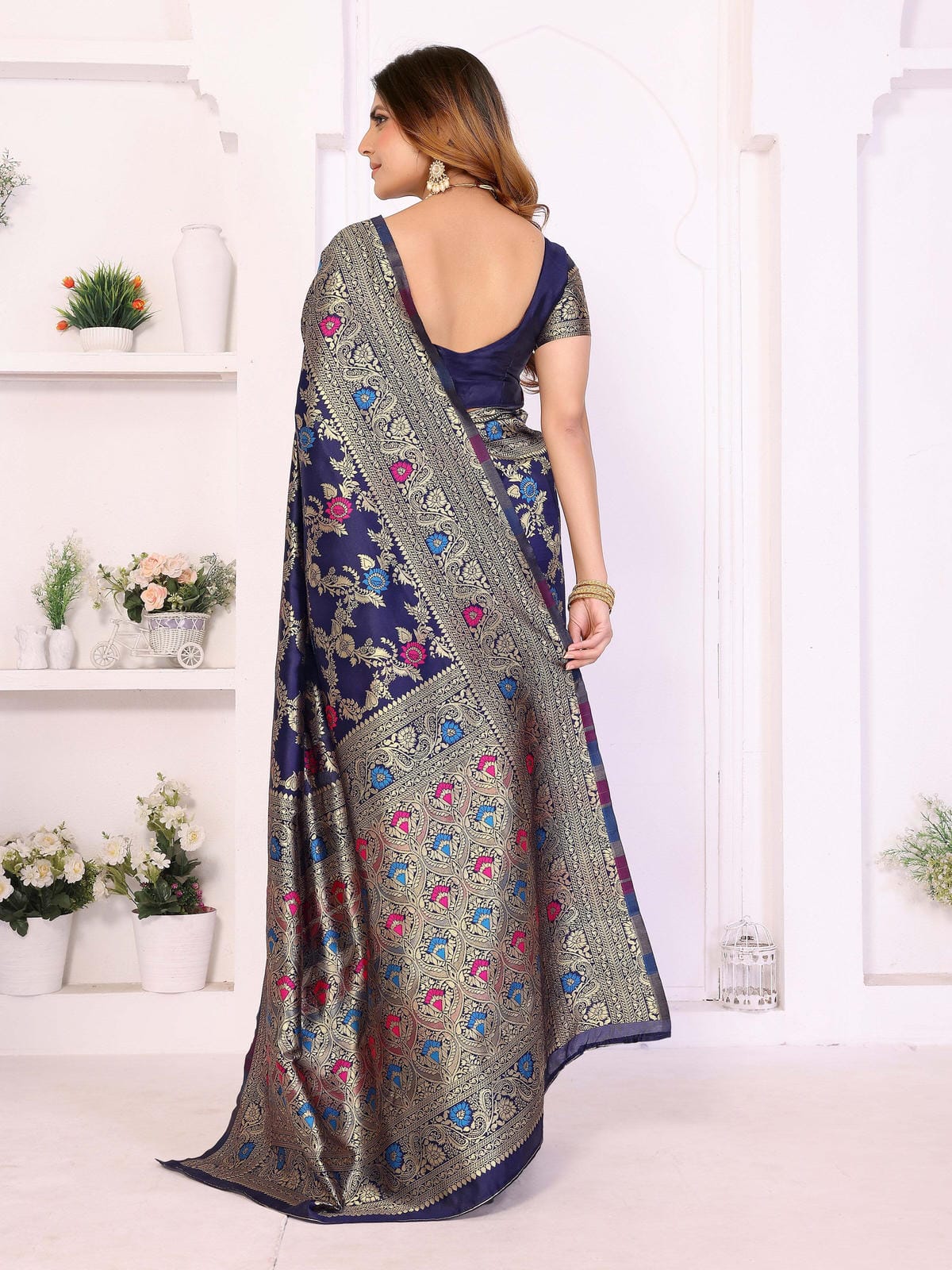 Navy Blue Banarasi Silk Saree with Gold Zari Weaving & Multicolor Floral Motifs - Filiate
