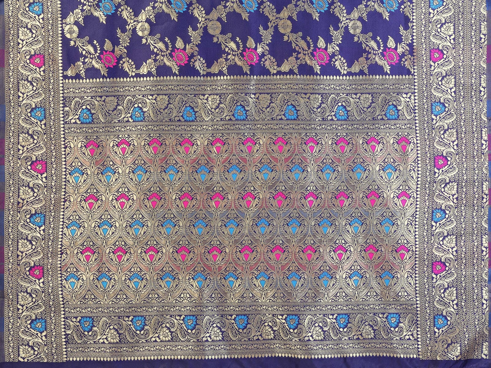 Navy Blue Banarasi Silk Saree with Gold Zari Weaving & Multicolor Floral Motifs - Filiate