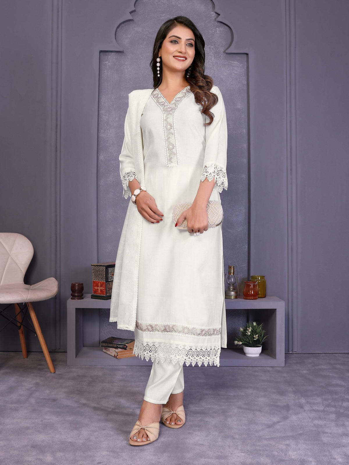 Off White Yoke Design Vatican Silk Straight Suit Set With Dupatta - Filiate