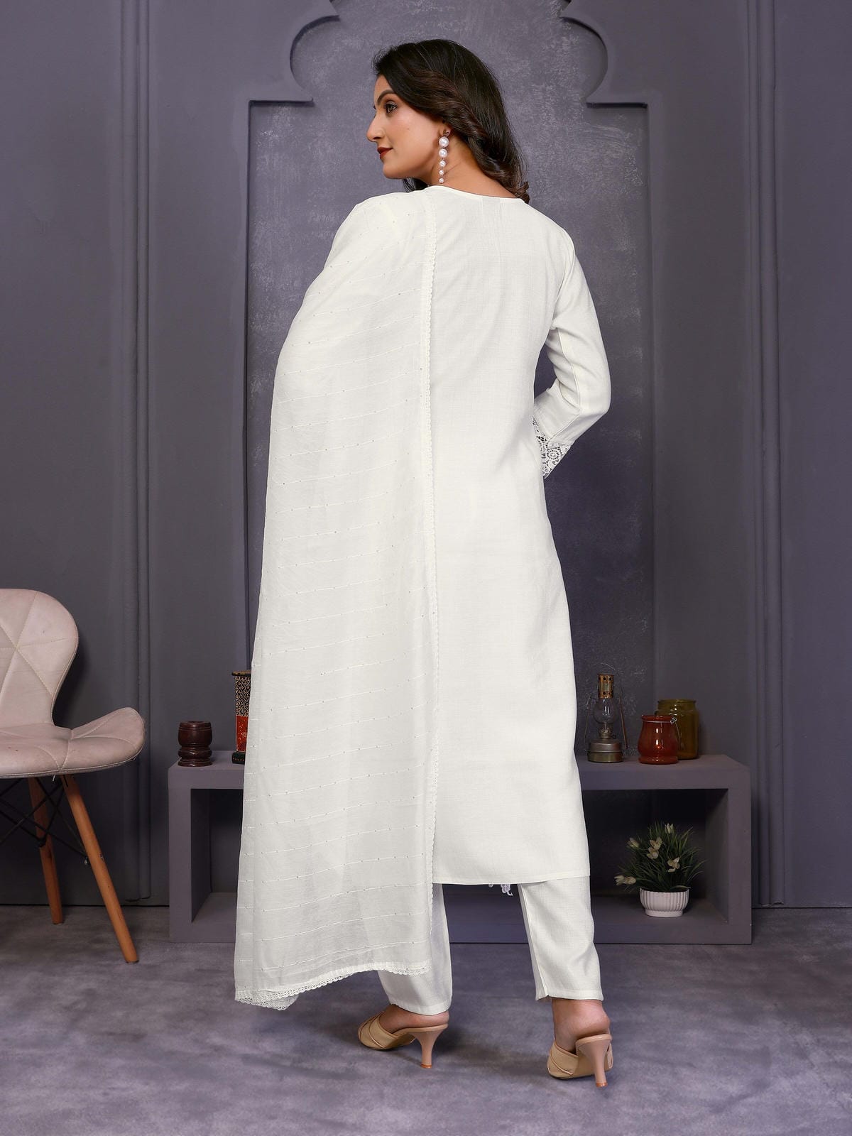 Off White Yoke Design Vatican Silk Straight Suit Set With Dupatta - Filiate