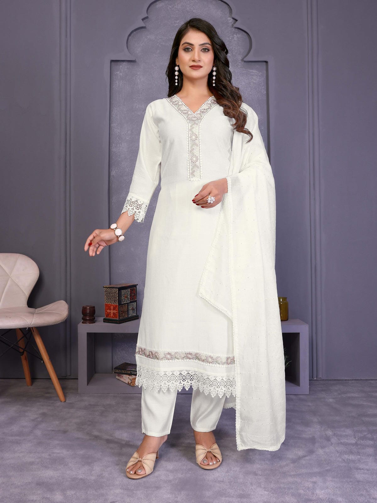 Off White Yoke Design Vatican Silk Straight Suit Set With Dupatta - Filiate