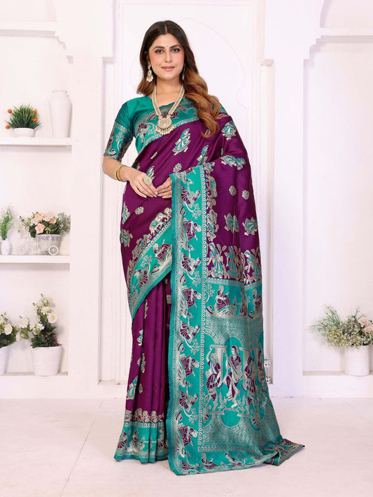 Plum & Teal Traditional Printed Saree with Rich Pallu Design – Elegant Festive & Wedding Wear - Filiate