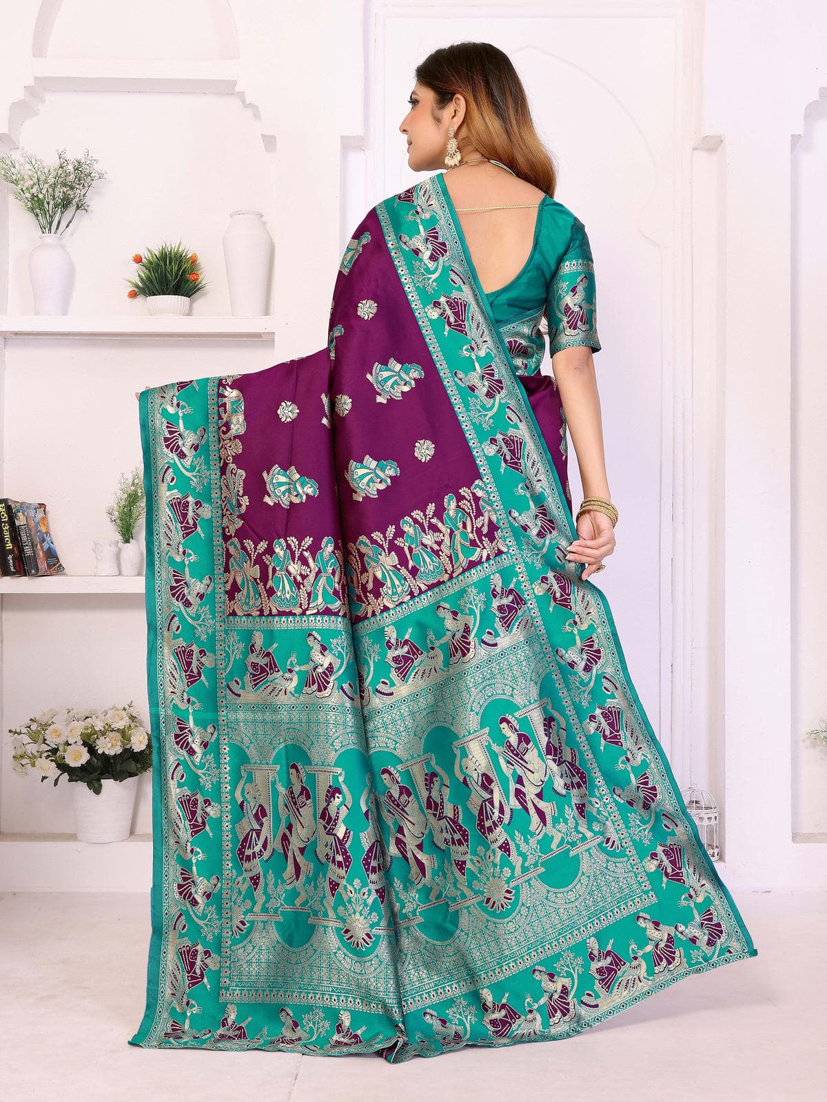 Plum & Teal Traditional Printed Saree with Rich Pallu Design – Elegant Festive & Wedding Wear - Filiate