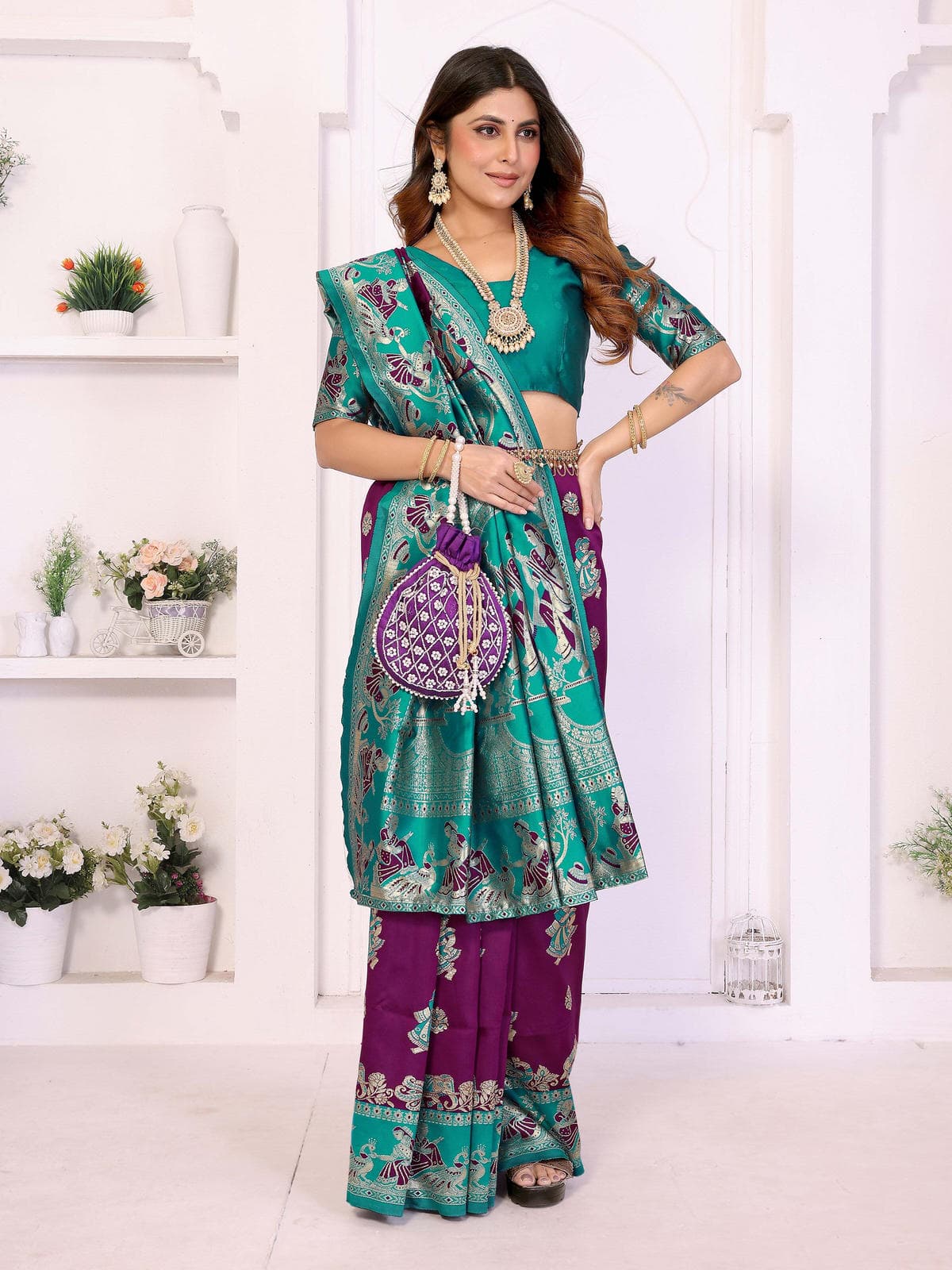 Plum & Teal Traditional Printed Saree with Rich Pallu Design – Elegant Festive & Wedding Wear - Filiate