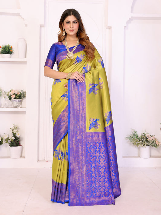 Banarasi Silk Saree in Olive Green & Royal Blue with Woven Peacock Motifs and Designer Border