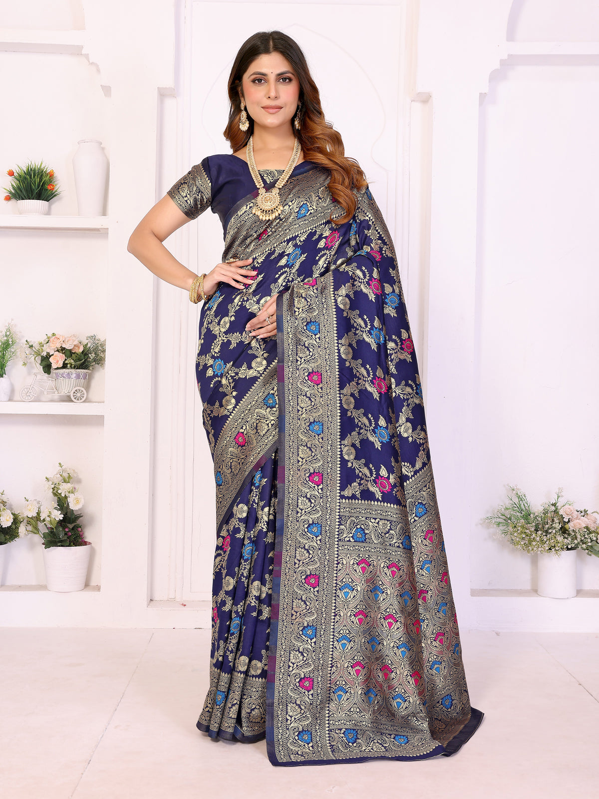 Navy Blue Banarasi Silk Saree with Gold Zari Weaving & Multicolor Floral Motifs