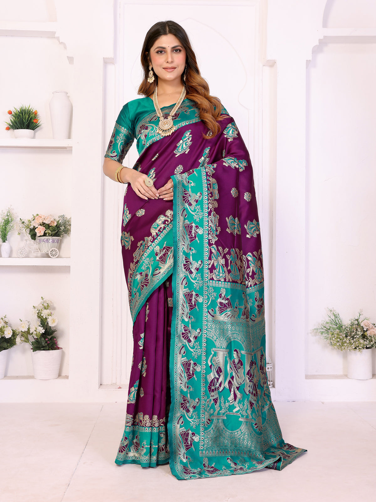 Plum & Teal Traditional Printed Saree with Rich Pallu Design – Elegant Festive & Wedding Wear
