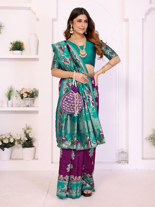 Plum & Teal Traditional Printed Saree with Rich Pallu Design – Elegant Festive & Wedding Wear