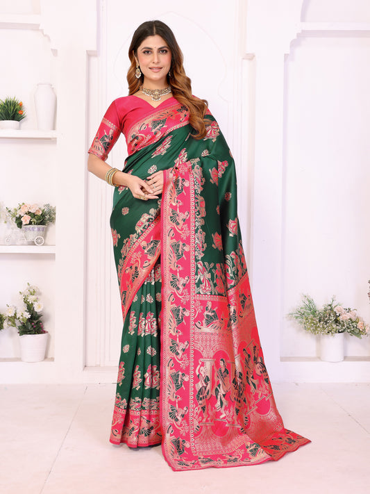 Green & Pink Traditional Printed Saree with Intricate Heritage Motifs – Festive & Wedding Wear