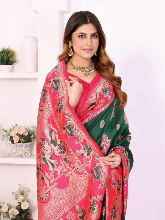 Green & Pink Traditional Printed Saree with Intricate Heritage Motifs – Festive & Wedding Wear
