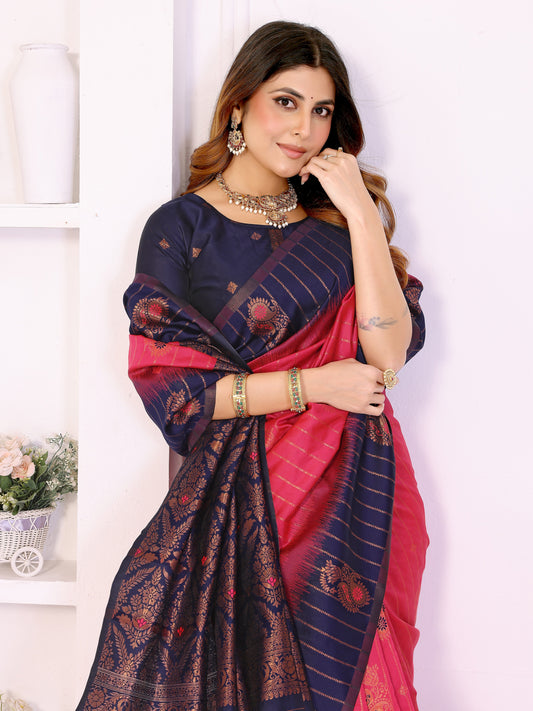 Pink & Navy Blue Banarasi Silk Weaving Saree with Rich Golden Zari Border
