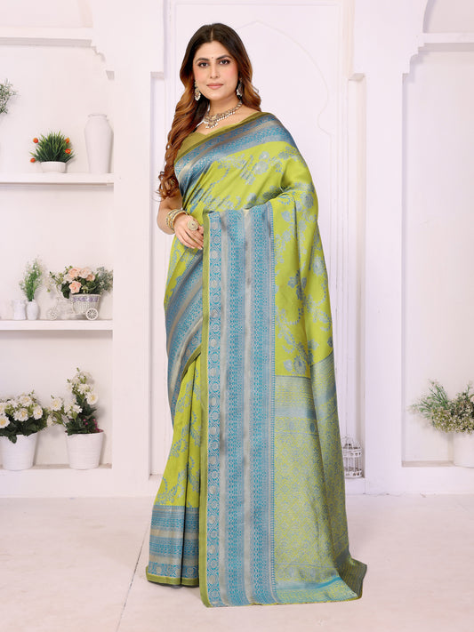 Lime Green & Sky Blue Banarasi Silk Weaving Saree with Rich Traditional Zari Border