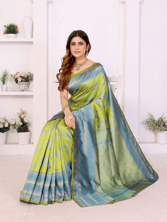 Lime Green & Sky Blue Banarasi Silk Weaving Saree with Rich Traditional Zari Border