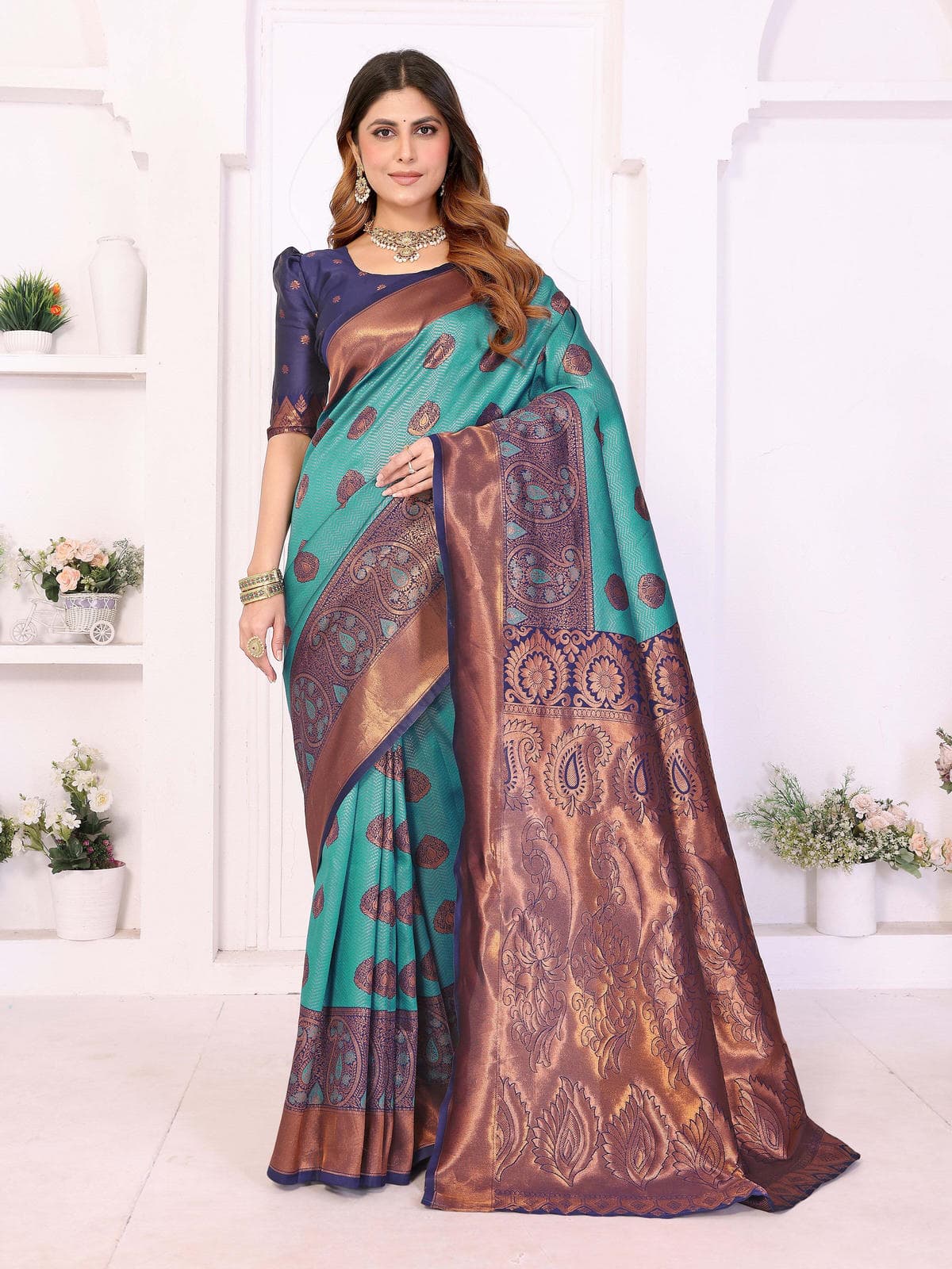 Teal & Copper Woven Saree with Intricate Paisley Motifs – Premium Festive & Wedding Wear - Filiate