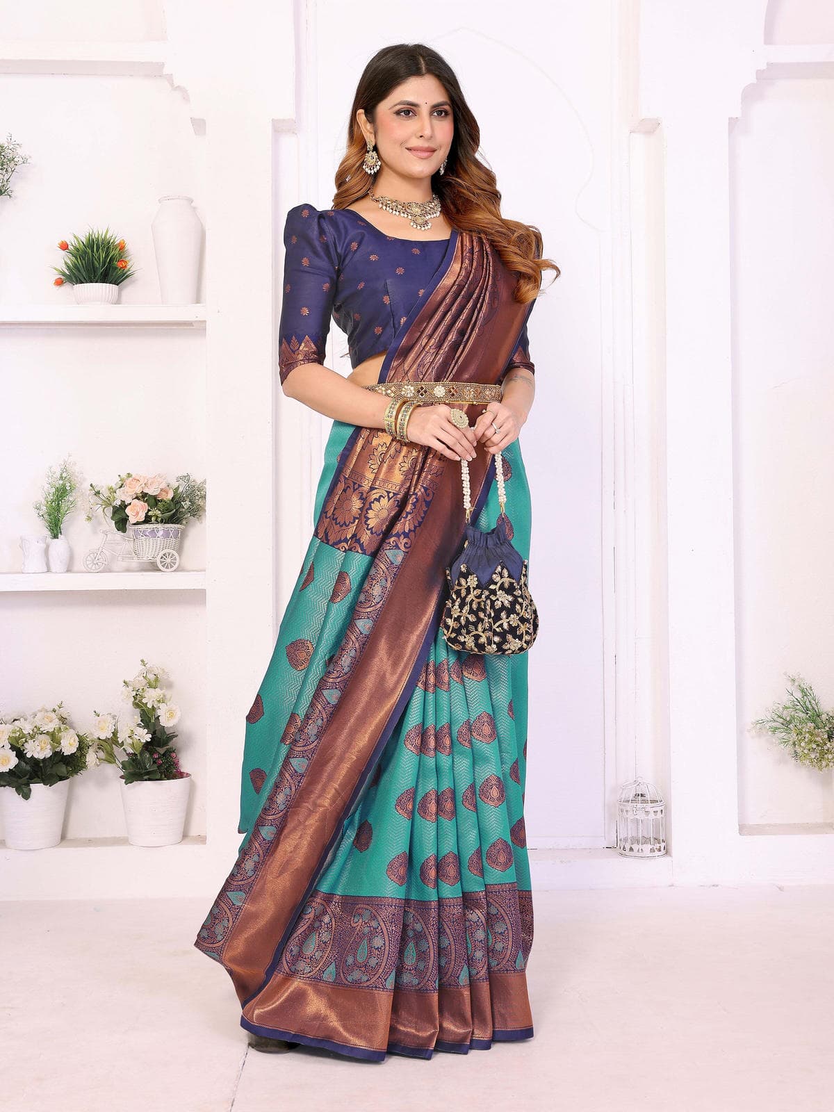 Teal & Copper Woven Saree with Intricate Paisley Motifs – Premium Festive & Wedding Wear - Filiate