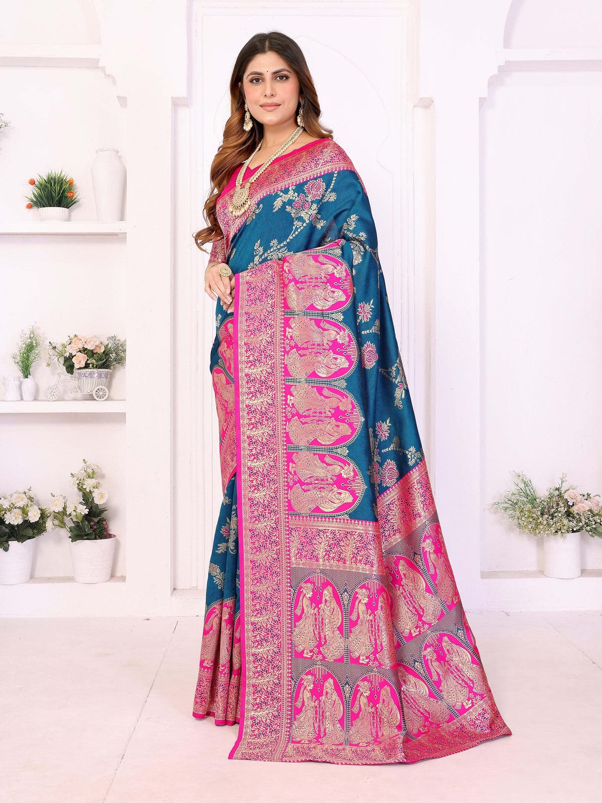 Teal & Hot Pink Traditional Woven Saree with Rich Golden Motifs – Festive & Wedding Wear - Filiate