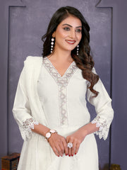 Off White Yoke Design Vatican Silk Straight Suit Set With Dupatta