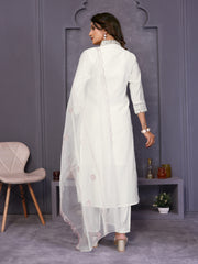 White Yoke Design Roman Silk Straight Suit Set With Dupatta