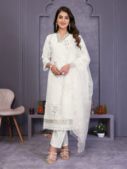 White Yoke Design Roman Silk Straight Suit Set With Dupatta