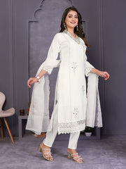 White Yoke Design Roman Silk Straight Suit Set With Dupatta