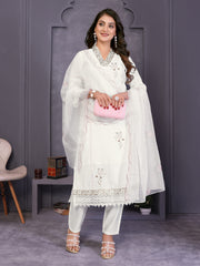 White Yoke Design Roman Silk Straight Suit Set With Dupatta