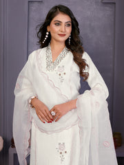 White Yoke Design Roman Silk Straight Suit Set With Dupatta