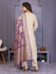 Beige Yoke Design Jacquard Silk Straight Suit Set With Dupatta