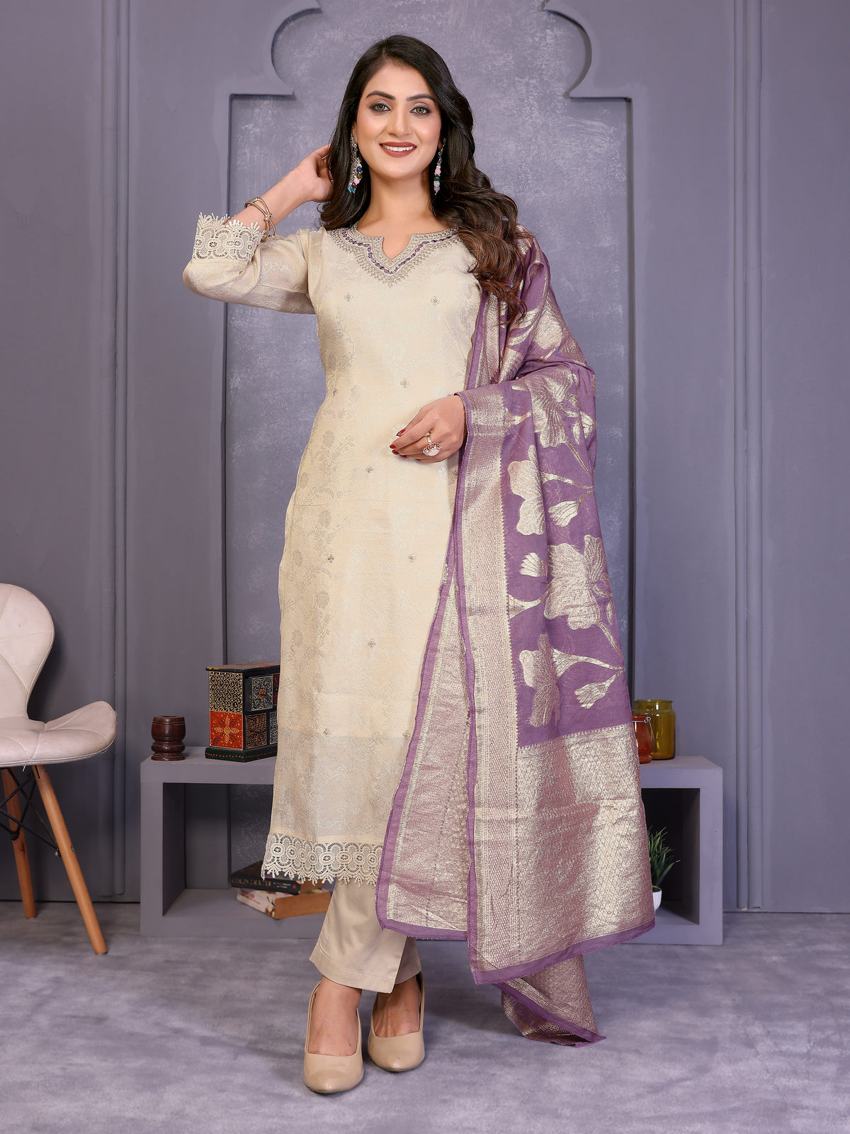 Beige Yoke Design Jacquard Silk Straight Suit Set With Dupatta