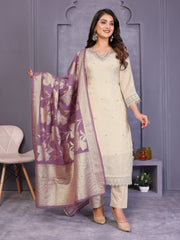Beige Yoke Design Jacquard Silk Straight Suit Set With Dupatta