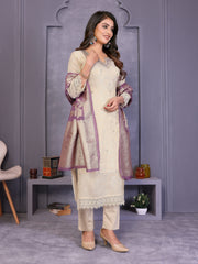 Beige Yoke Design Jacquard Silk Straight Suit Set With Dupatta