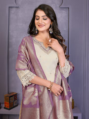 Beige Yoke Design Jacquard Silk Straight Suit Set With Dupatta