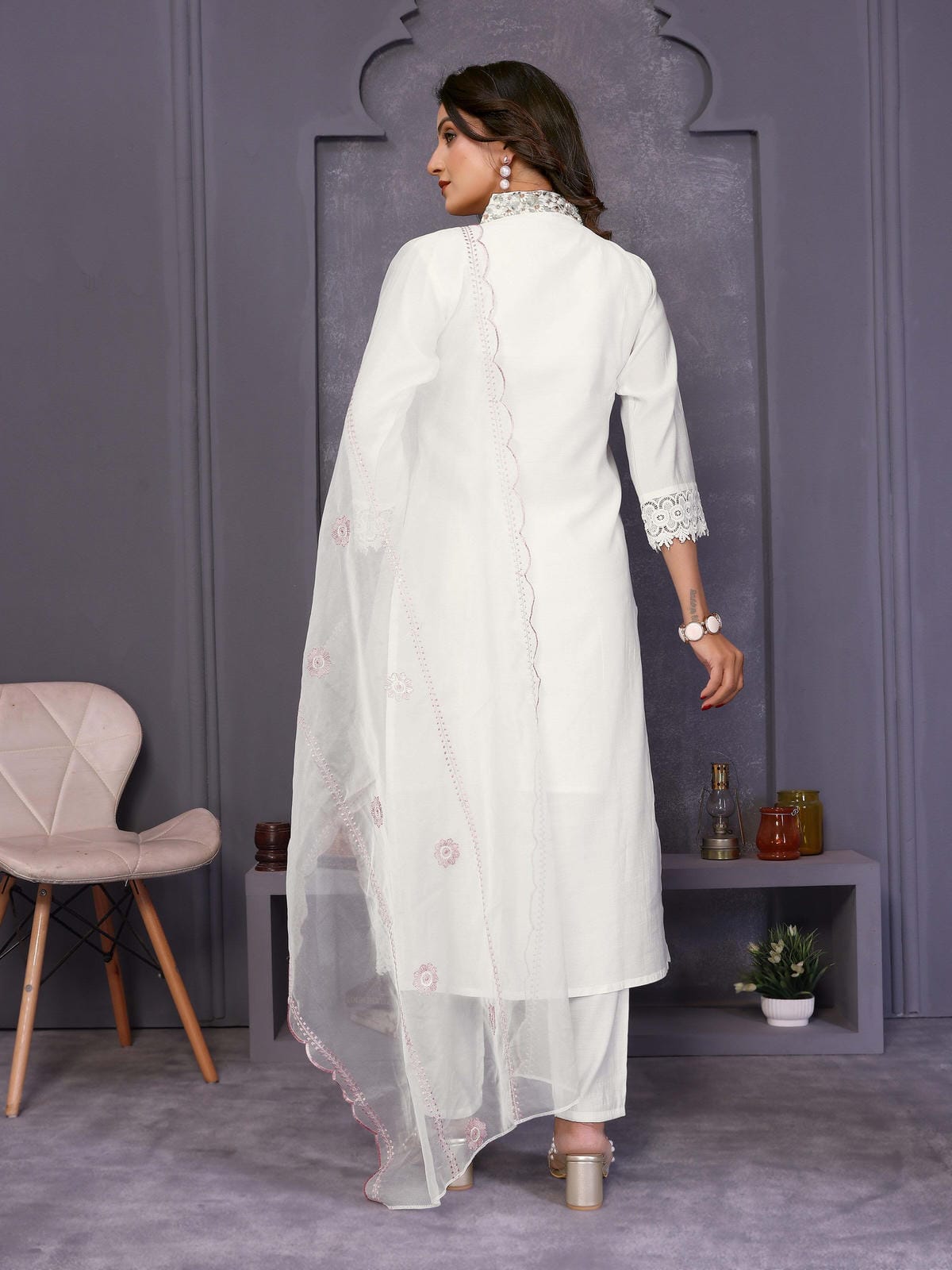 White Yoke Design Roman Silk Straight Suit Set With Dupatta - Filiate