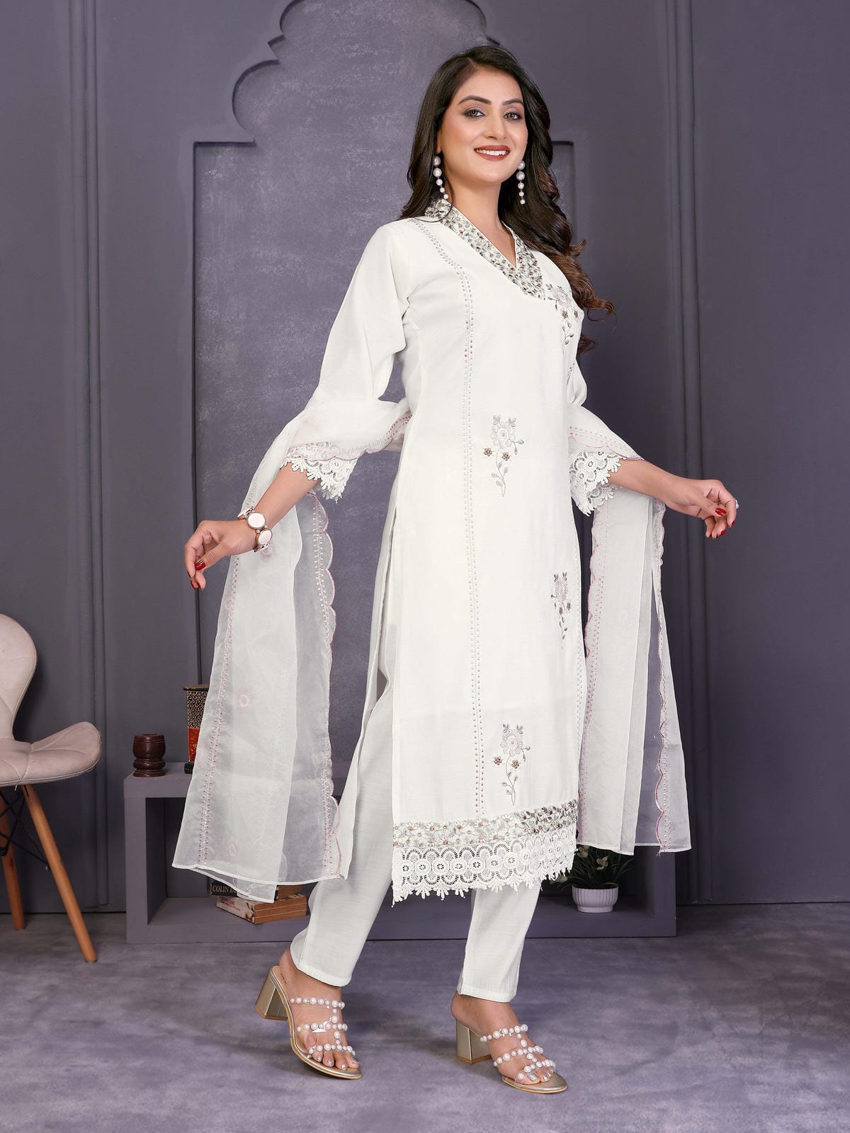 White Yoke Design Roman Silk Straight Suit Set With Dupatta - Filiate