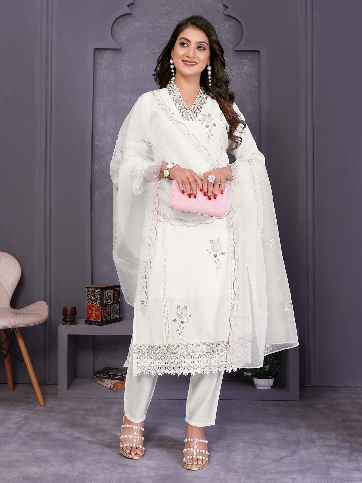 White Yoke Design Roman Silk Straight Suit Set With Dupatta - Filiate