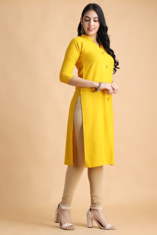 yellow solid A-line front slit Women cotton kurta