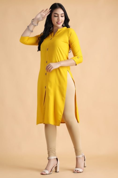 yellow solid A-line front slit Women cotton kurta