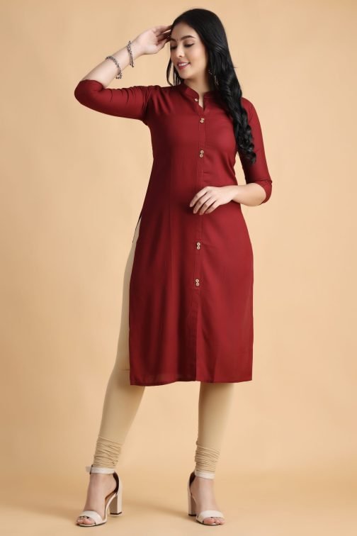 Maroon Solid A-Line Women Cotton Kurta