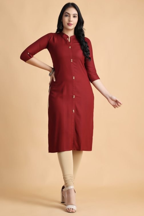 Maroon Solid A-Line Women Cotton Kurta