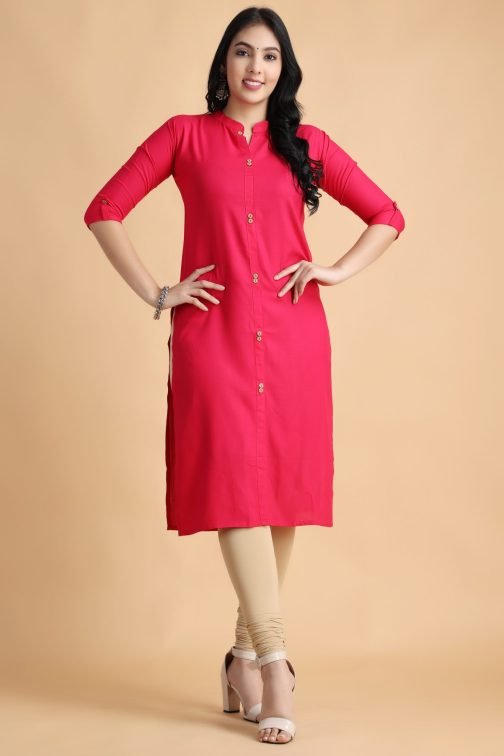 Dark Pink Solid A-Line Women Cotton kurta