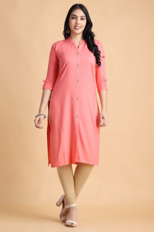 Peach Solid A-Line Front Slit Rayon Kurta