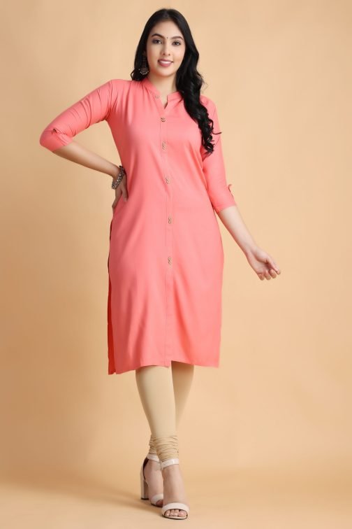 Peach Solid A-Line Front Women Cotton Kurta