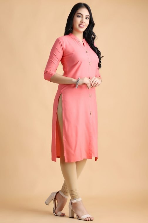 Peach Solid A-Line Front Slit Rayon Kurta