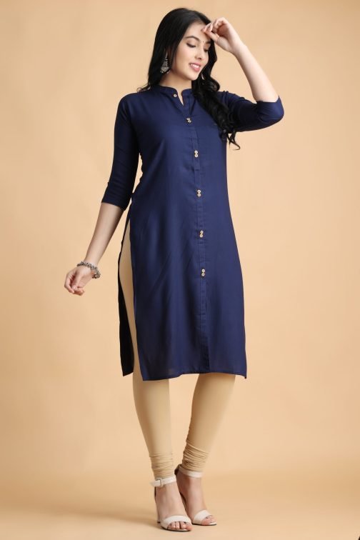 Navy Blue Solid A-Line Women Cotton Kurta