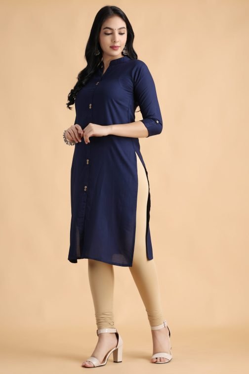 Navy Blue Solid A-Line Women Cotton Kurta