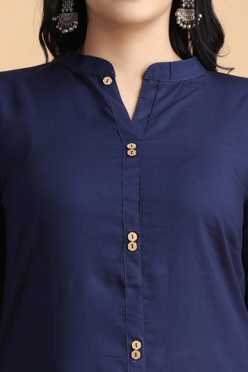 Navy Blue Solid A-Line Women Cotton Kurta