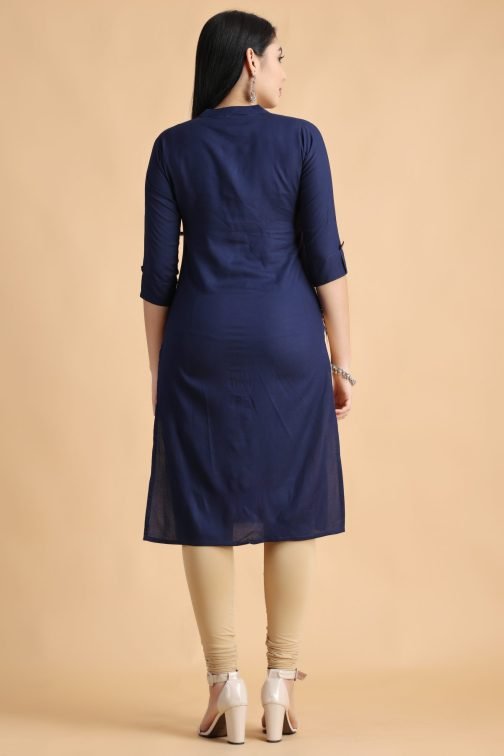 Navy Blue Solid A-Line Women Cotton Kurta